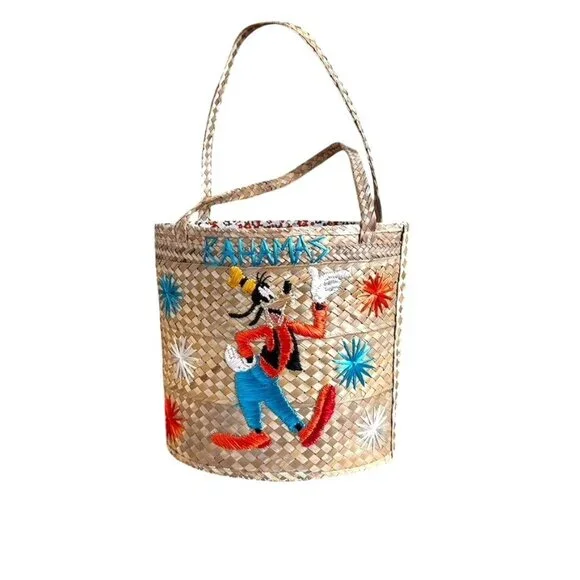 Vintage Bahamas Woven Straw Tote Disney's Goofy Embroidery Floral Lining NWOT - Picture 2 of 5